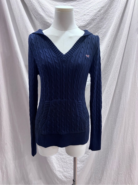 Hollister Sweaters - Hollister Cable Knit V Neck Hoodie Sweater Navy Blue Size Medium M NWT